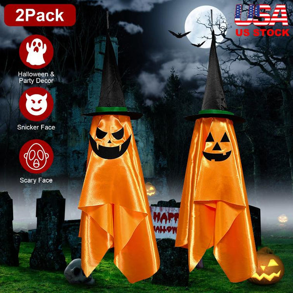 Hanging Ghosts Wizard Hat Tree Porch Scary Face Halloween Decorations Orange Pumpkin