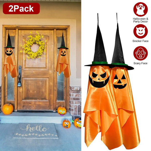 Hanging Ghosts Wizard Hat Tree Porch Scary Face Halloween Decorations Orange Pumpkin
