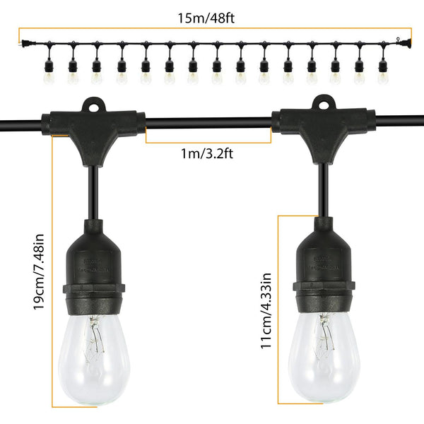 48FT Outdoor String Lights Waterproof Patio Bulbs Commercial Yard Lights Garden Warm