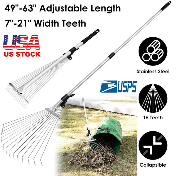 63in Adjustable Garden Leaf Rake 15 Teeth Expanding Stainless Steel Rake For Quick Clean Lawn Yard Garden w/ 7-21inch Teeth Width Folding Head