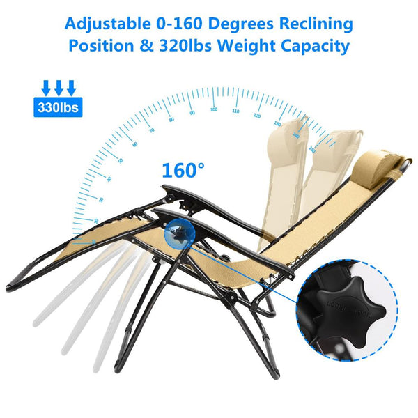 2 Pack Zero Gravity Lounge Chair w/ Dual Side Tray 330lbs Load Foldable Recliner Chair w/ Stress Relief Pillow Patio Poolside Beach Lying Chair