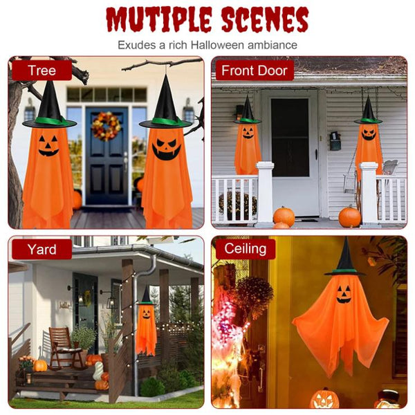 Hanging Ghosts Wizard Hat Tree Porch Scary Face Halloween Decorations Orange Pumpkin