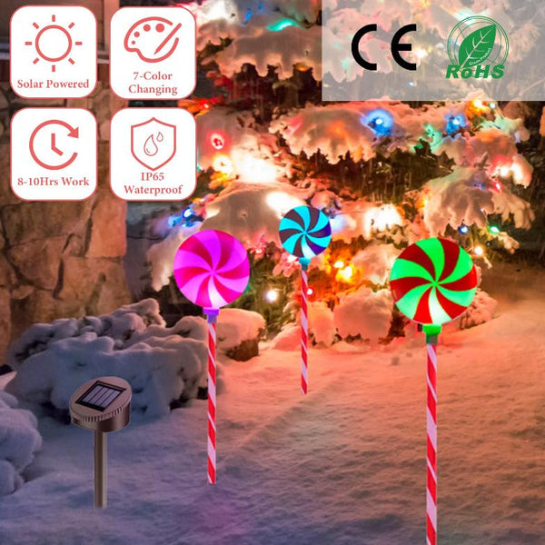 Christmas Candy Lollipops Light Set of 3 Waterproof Stake Solar Lamp for Yard Garden Pathway