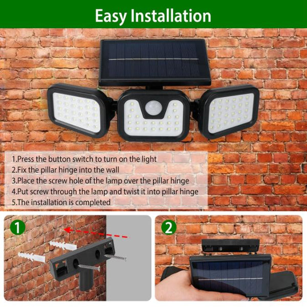 Solar Wall Lamp 74 LEDs 3 Adjustable Head Motion Sensor Flood Lights