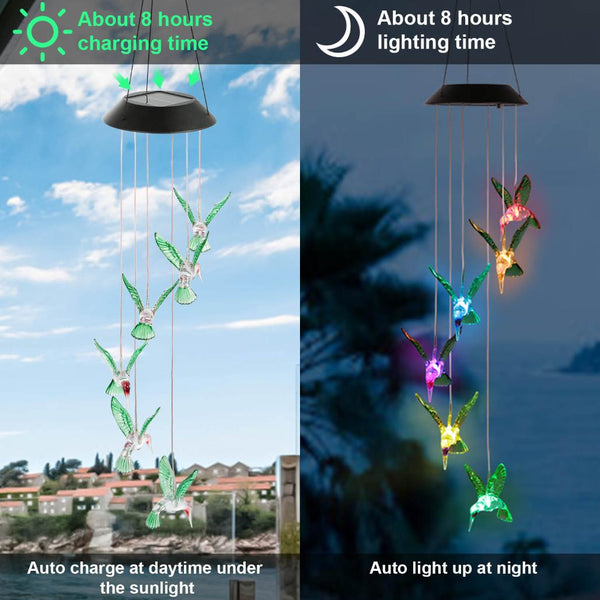 LED Solar Hummingbird Wind Chime Solar String Lights Color-Changing Decorative Lighting