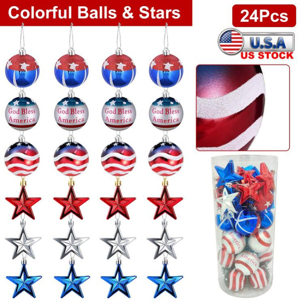 24Pc Set USA Hanging Ball Ornaments Star Patriotic Party Decor Independence Day 4th of July Red White Blue