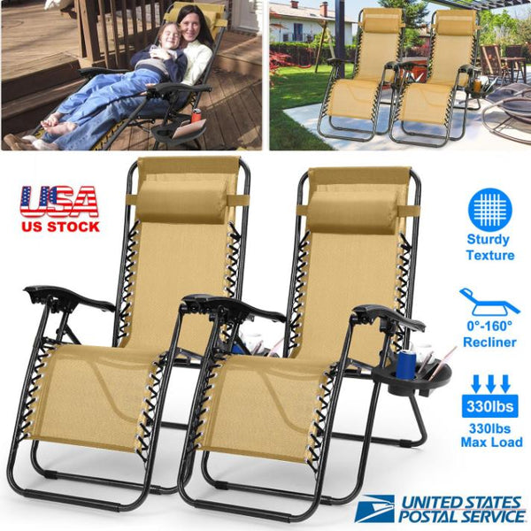 2 Pack Zero Gravity Lounge Chair w/ Dual Side Tray 330lbs Load Foldable Recliner Chair w/ Stress Relief Pillow Patio Poolside Beach Lying Chair