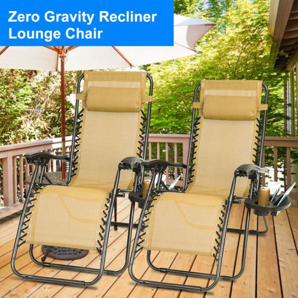 2 Pack Zero Gravity Lounge Chair w/ Dual Side Tray 330lbs Load Foldable Recliner Chair w/ Stress Relief Pillow Patio Poolside Beach Lying Chair