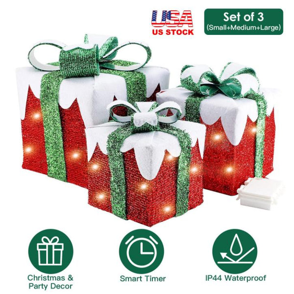 Set of 3 Lighted Gift Boxes Christmas Tree Decorations