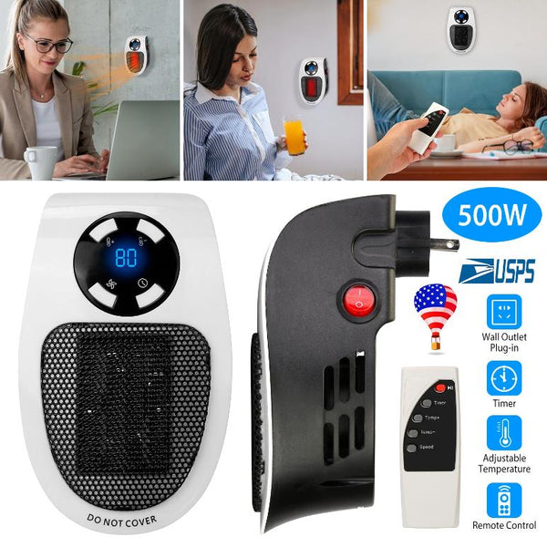 500W Portable Heater Fan Wall Outlet Plug-in Adjustable Temp w/ Remote Control