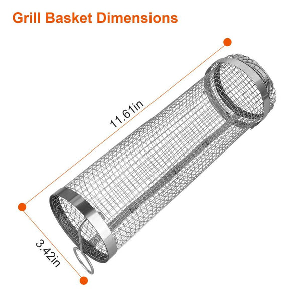 2 Pack BBQ Grill Mesh Rolling Baskets Cylinder Stainless Steel Barbecue Net Tube