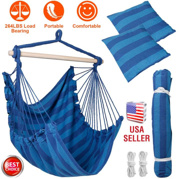 Hammock Hanging Chair Canvas Porch Patio Swing Seat Portable Camping Rope Seat Wooden Stick Hammock Chair w/ 2Pillows 265LBS Load-bearing