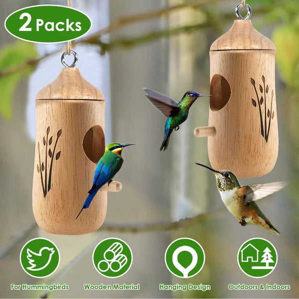 2 Pack Wooden Hanging Humming Bird Houses for Outside Bird Nest Feeder Patio Garden