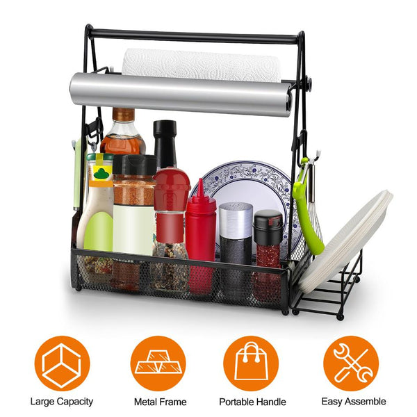 Utensil Caddy Metal Grill Caddy with Paper Towel Holders Utensil Holder for Outdoor Picnic Barbecue Camping Grilling Tools Storage Organizer Barbecue