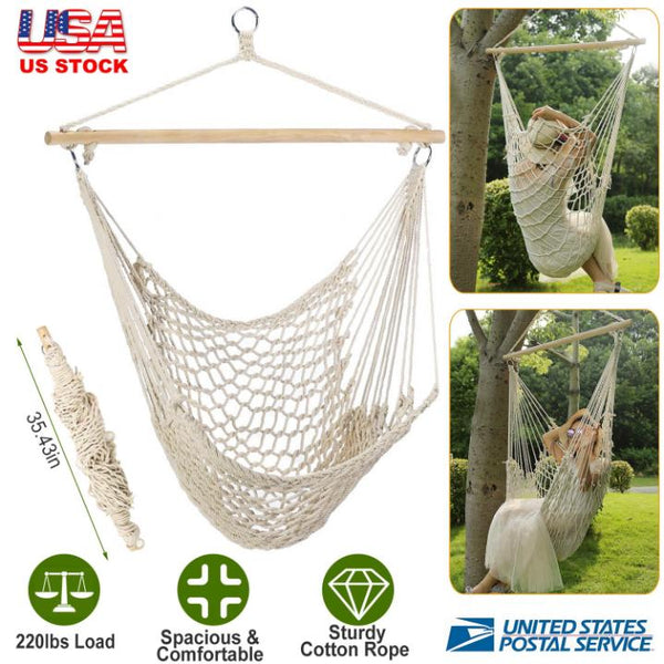 Hammock Chair Hanging Rope Seat Swing w/ Wooden Stick 220lbs Load for Patio Porch
