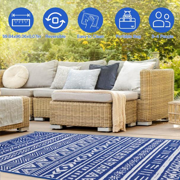 5x8FT Reversible Outdoor Rug Waterproof Mat Carpet Portable Plastic Outdoor Activity for Picnic Patio Deck RV Trip Blue & W