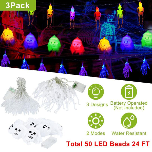 3Pcs String Lights Halloween Light Decorations 24ft Halloween Colorful 3D Skeleton Ghost
