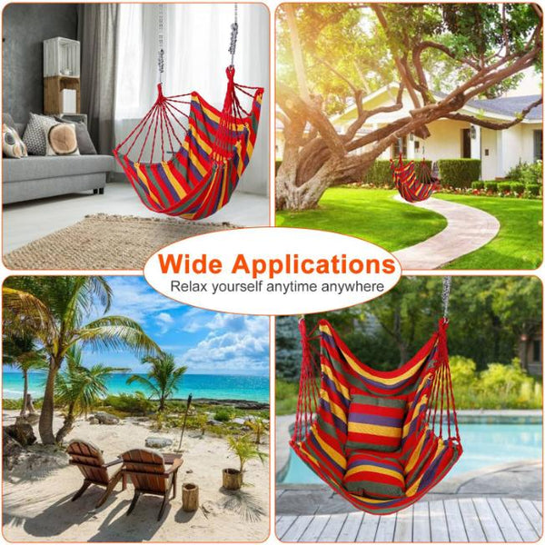 Hammock Hanging Chair Canvas Porch Patio Swing Seat Portable Camping Rope Seat w/ 2Pillows440LBS Limit