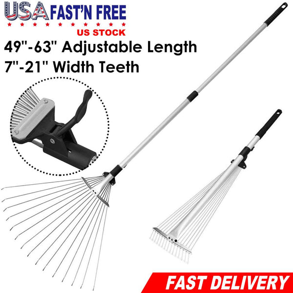 63in Adjustable Garden Leaf Rake 15 Teeth Expanding Stainless Steel Rake For Quick Clean Lawn Yard Garden w/ 7-21inch Teeth Width Folding Head