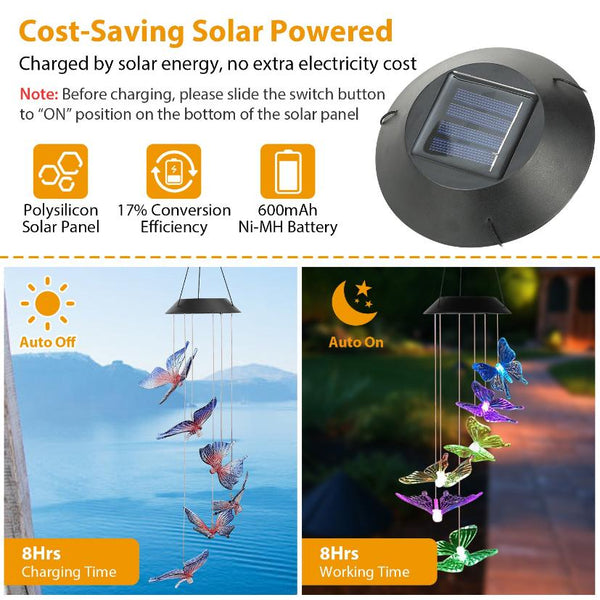 Solar LED Butterfly Wind Chimes Color Changing String Light Patio Garden Decor