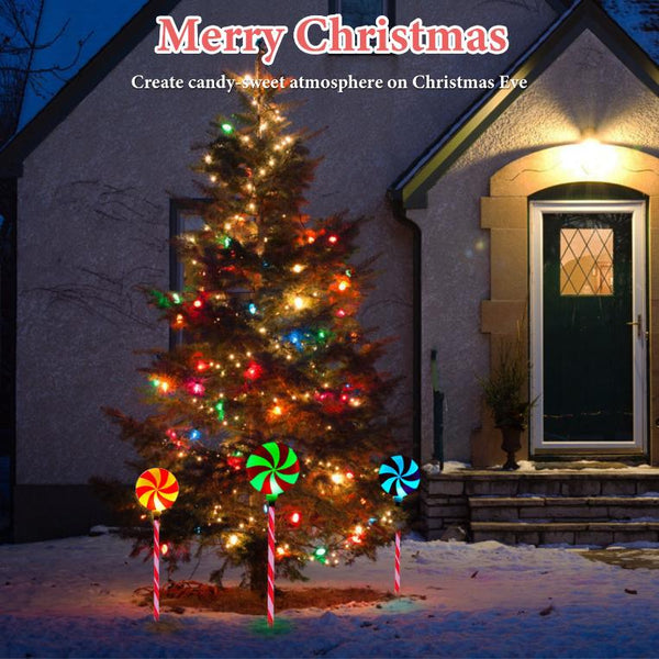 Christmas Candy Lollipops Light Set of 3 Waterproof Stake Solar Lamp for Yard Garden Pathway
