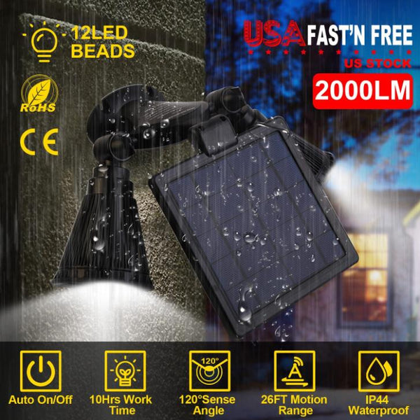 Solar Powered Lights Outdoor Motion Sensor 2000 Lumen Dual Head Spotlights