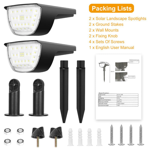 Solar Landscape Spotlights Waterproof Lights Auto On/Off Solar Powered Security Wall Lights