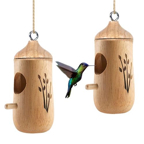2 Pack Wooden Hanging Humming Bird Houses for Outside Bird Nest Feeder Patio Garden