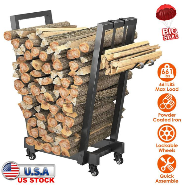 Firewood Log Rack 661LBS Iron Wood Lumber Storage Stacking Rack Holder with Hanging Hooks