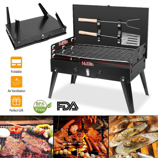 Small Portable Charcoal Grill Foldable BBQ Suitcase Grill Shelf For Outdoor Camping Picnics Garden Grilling
