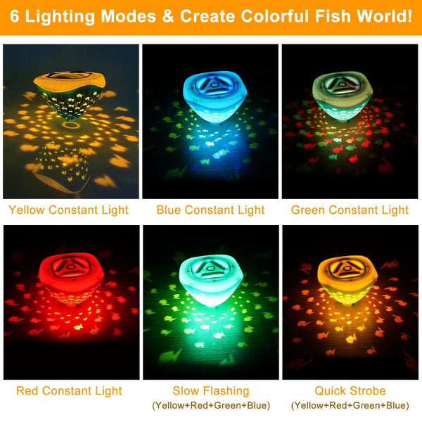 2Pcs Underwater Floating LED Light Colorful Fish Pattern 6 Lighting Modes Pool Lamp IP67 Waterproof Decorative Battery Powered Lights 80000Hrs Lifespan