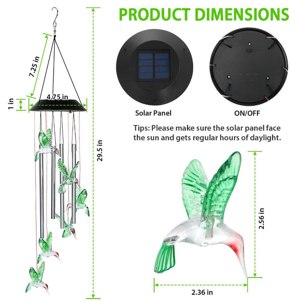 Solar Wind Chime Lights Hummingbird Decorative Lamp 7 Color Changing