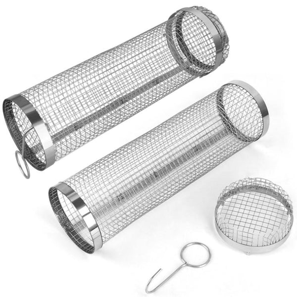 2 Pack BBQ Grill Mesh Rolling Baskets Cylinder Stainless Steel Barbecue Net Tube
