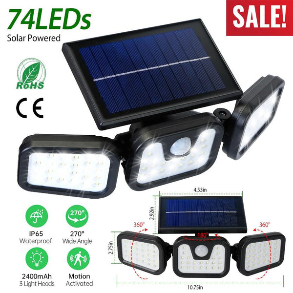 Solar Wall Lamp 74 LEDs 3 Adjustable Head Motion Sensor Flood Lights