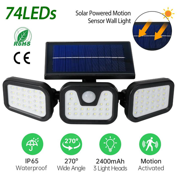Solar Wall Lamp 74 LEDs 3 Adjustable Head Motion Sensor Flood Lights
