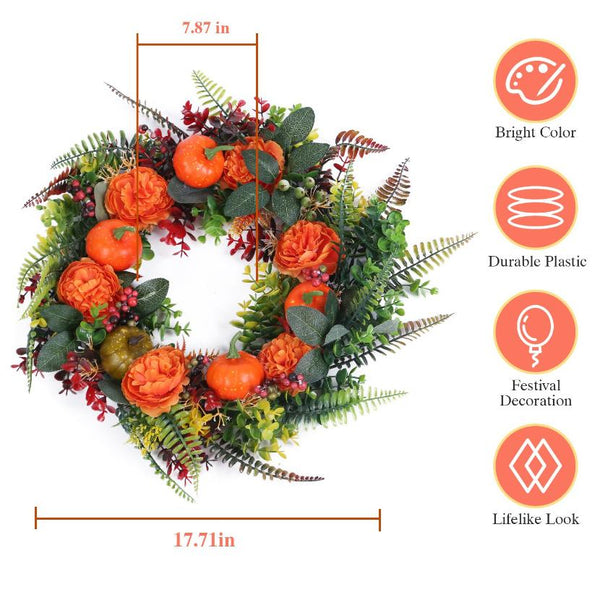 Fall Decoration Autumn Wreath with Pumpkin Mixed Leaves Berries Flowers Halloween Thanksgiving