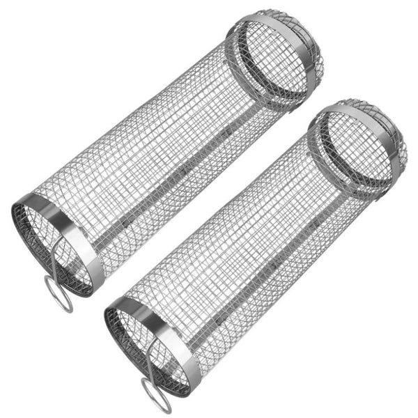 2 Pack BBQ Grill Mesh Rolling Baskets Cylinder Stainless Steel Barbecue Net Tube