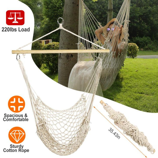 Hammock Chair Hanging Rope Seat Swing w/ Wooden Stick 220lbs Load for Patio Porch