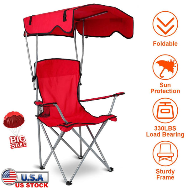 Foldable Beach Canopy Chair Sun Protection Camping Lawn Canopy Chair 330LBS Load Folding Seat w/ Cup Holder For Beach Poolside Travel Picnic