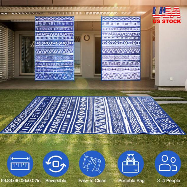 5x8FT Reversible Outdoor Rug Waterproof Mat Carpet Portable Plastic Outdoor Activity for Picnic Patio Deck RV Trip Blue & W