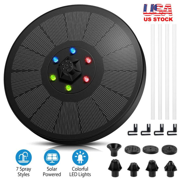 Solar Powered Fountain Pump Floating Bird Bath Pond Pump w/ LED Lights Aquarium Pond
