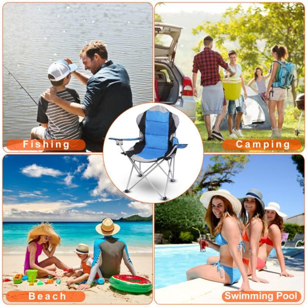 Foldable Camping Chair Heavy Duty Steel Lawn Chair Padded Seat Arm Back Beach Chair 330LBS Max Load with Cup Holder Carry Bag