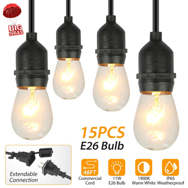 48FT Outdoor String Lights Waterproof Patio Bulbs Commercial Yard Lights Garden Warm