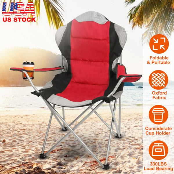 Foldable Camping Chair Heavy Duty Steel Lawn Chair Padded Seat Arm Back Beach Chair 330LBS Max Load with Cup Holder Carry Bag