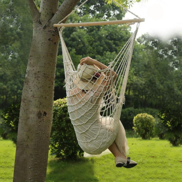 Hammock Chair Hanging Rope Seat Swing w/ Wooden Stick 220lbs Load for Patio Porch