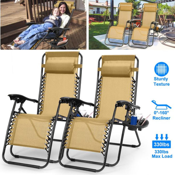 2 Pack Zero Gravity Lounge Chair w/ Dual Side Tray 330lbs Load Foldable Recliner Chair w/ Stress Relief Pillow Patio Poolside Beach Lying Chair