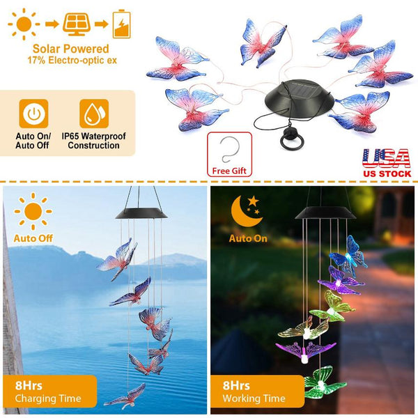 Solar LED Butterfly Wind Chimes Color Changing String Light Patio Garden Decor