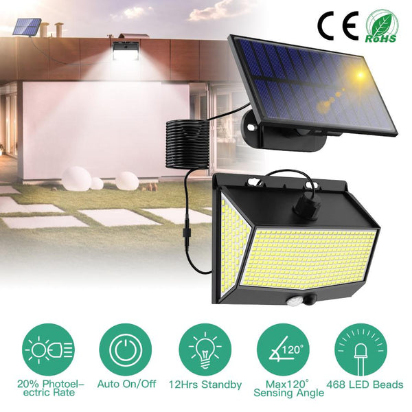 Solar Powered Wall Lights Motion Sensor Outdoor Lamps Separate Solar Panel 468 LED