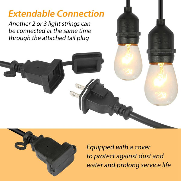 48FT Outdoor String Lights Waterproof Patio Bulbs Commercial Yard Lights Garden Warm