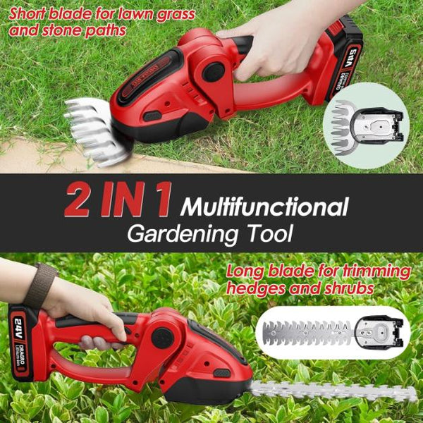 24V Cordless Handheld Grass Shear Hedge Trimmer with 90° Cutting Angle 2Pcs Replaceable Blades Electric Shrub Trimmer Hedge Cutter with Detachable Bat
